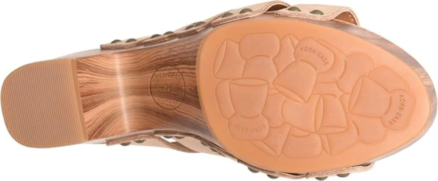 KORK-EASE Devan Women's Heeled Sandal – Hand-Burnished Woven Leather with Antiqued Rivets & Woodgrain Heel