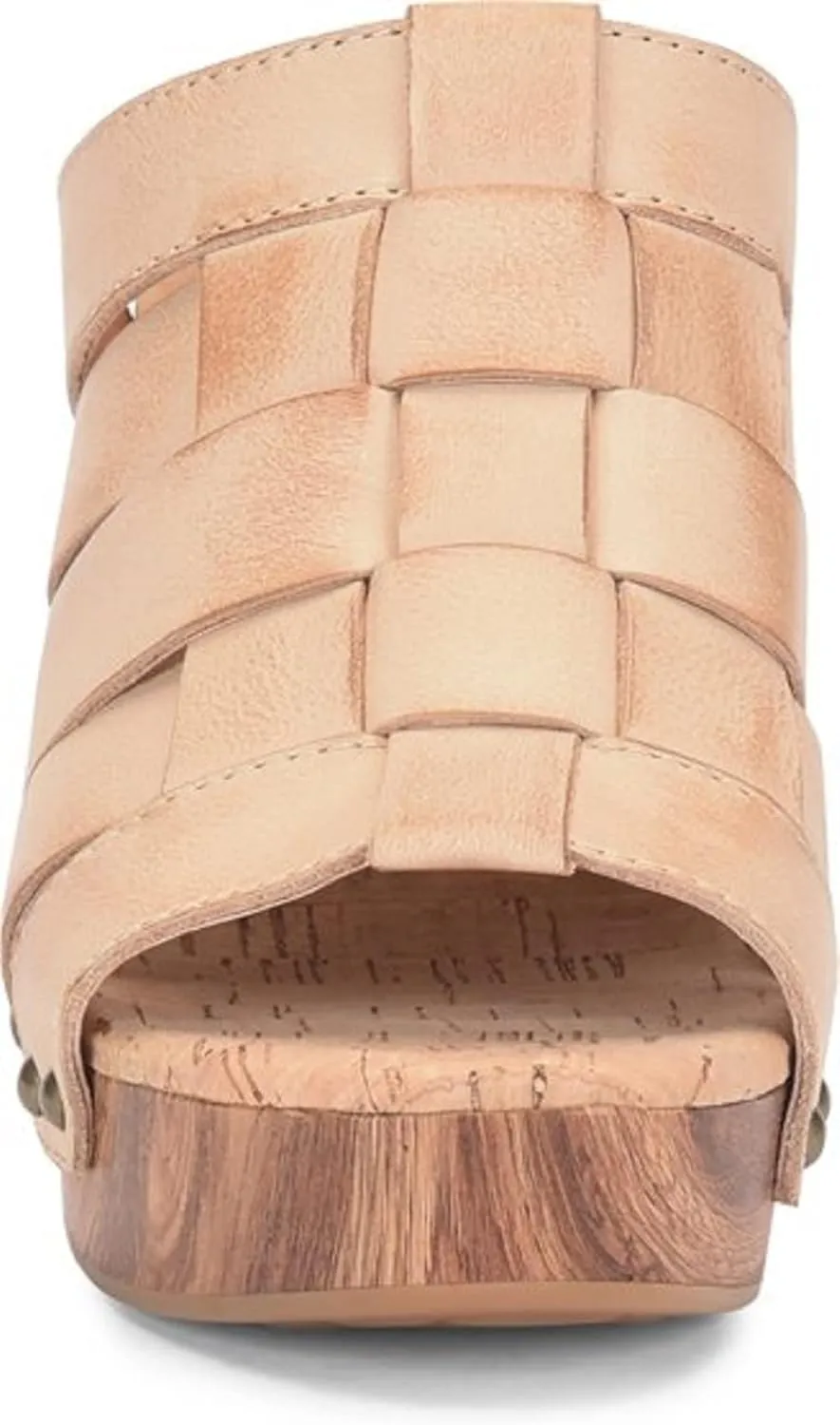 KORK-EASE Devan Women's Heeled Sandal – Hand-Burnished Woven Leather with Antiqued Rivets & Woodgrain Heel