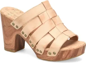 KORK-EASE Devan Women's Heeled Sandal – Hand-Burnished Woven Leather with Antiqued Rivets & Woodgrain Heel