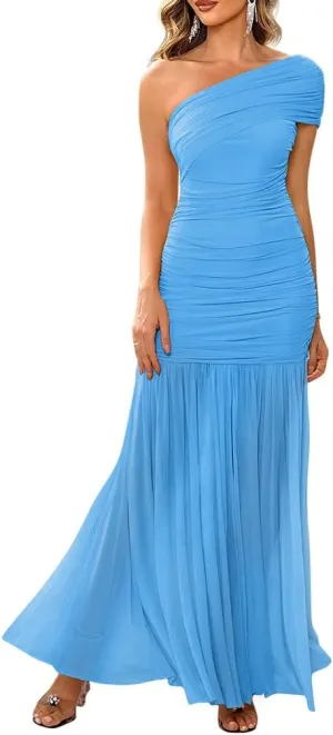 LAGSHIAN Women's Elegant Formal Long Dress One Shoulder Sleeveless Ruched Bodycon Evening Dress