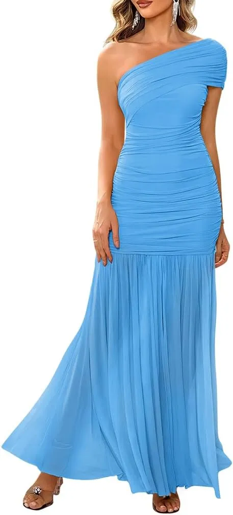LAGSHIAN Women's Elegant Formal Long Dress One Shoulder Sleeveless Ruched Bodycon Evening Dress