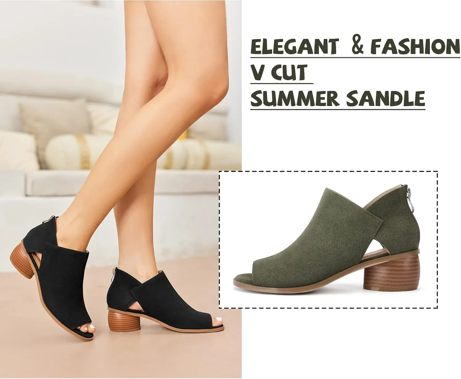 LAICIGO Womens Heeled Sandals Peep Toe Ankle Boots Chunky Heels V Cut Back Zipper Mid Heel Faux Suede Dress Pumps Shoes