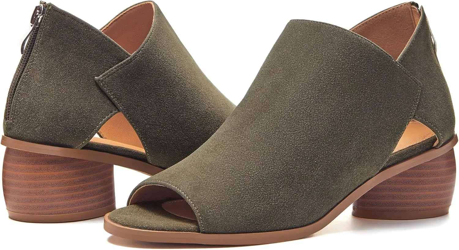 LAICIGO Womens Heeled Sandals Peep Toe Ankle Boots Chunky Heels V Cut Back Zipper Mid Heel Faux Suede Dress Pumps Shoes