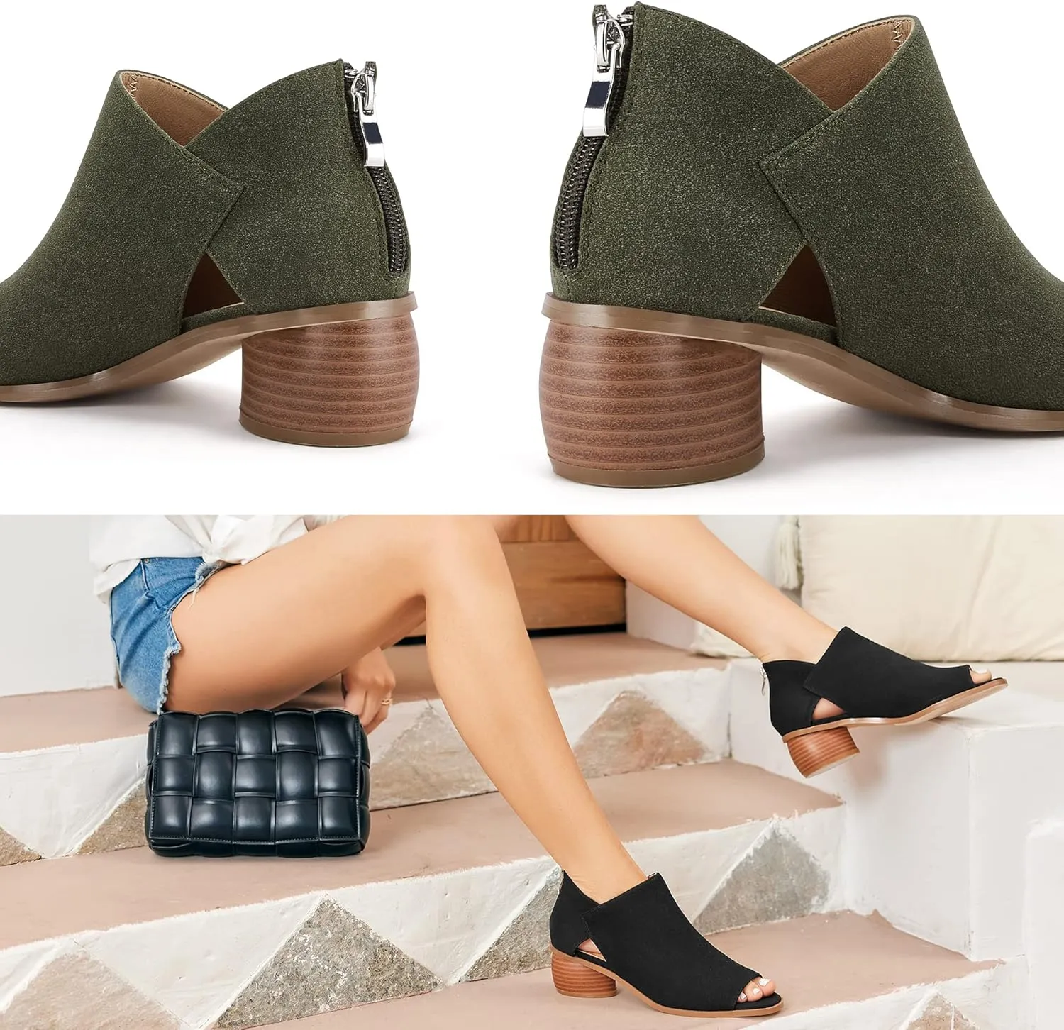LAICIGO Womens Heeled Sandals Peep Toe Ankle Boots Chunky Heels V Cut Back Zipper Mid Heel Faux Suede Dress Pumps Shoes
