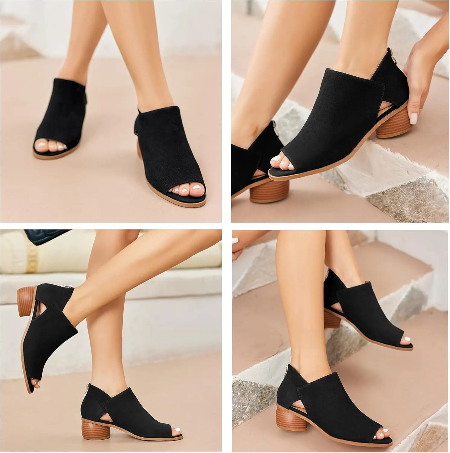 LAICIGO Womens Heeled Sandals Peep Toe Ankle Boots Chunky Heels V Cut Back Zipper Mid Heel Faux Suede Dress Pumps Shoes