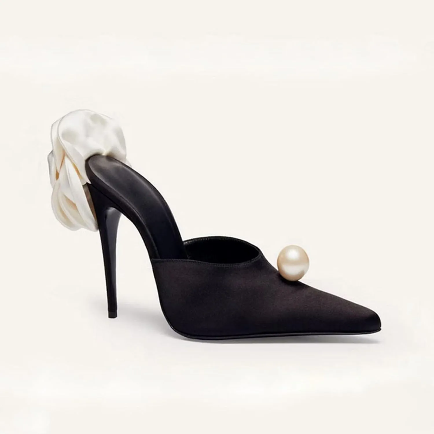 Large Size Pointed Toe Pearl Shallow Stiletto Slippers Floral Summer Silk Women's High Heels