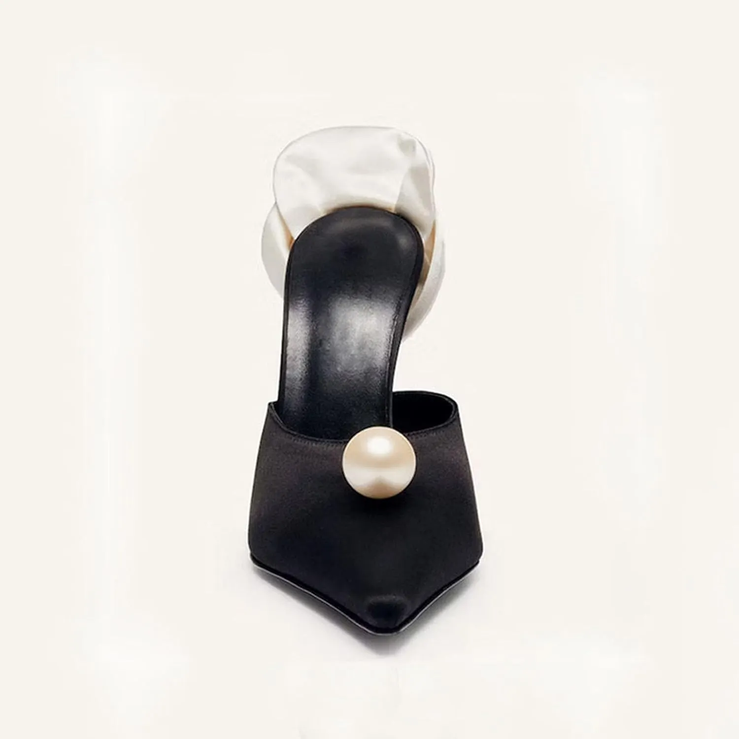 Large Size Pointed Toe Pearl Shallow Stiletto Slippers Floral Summer Silk Women's High Heels