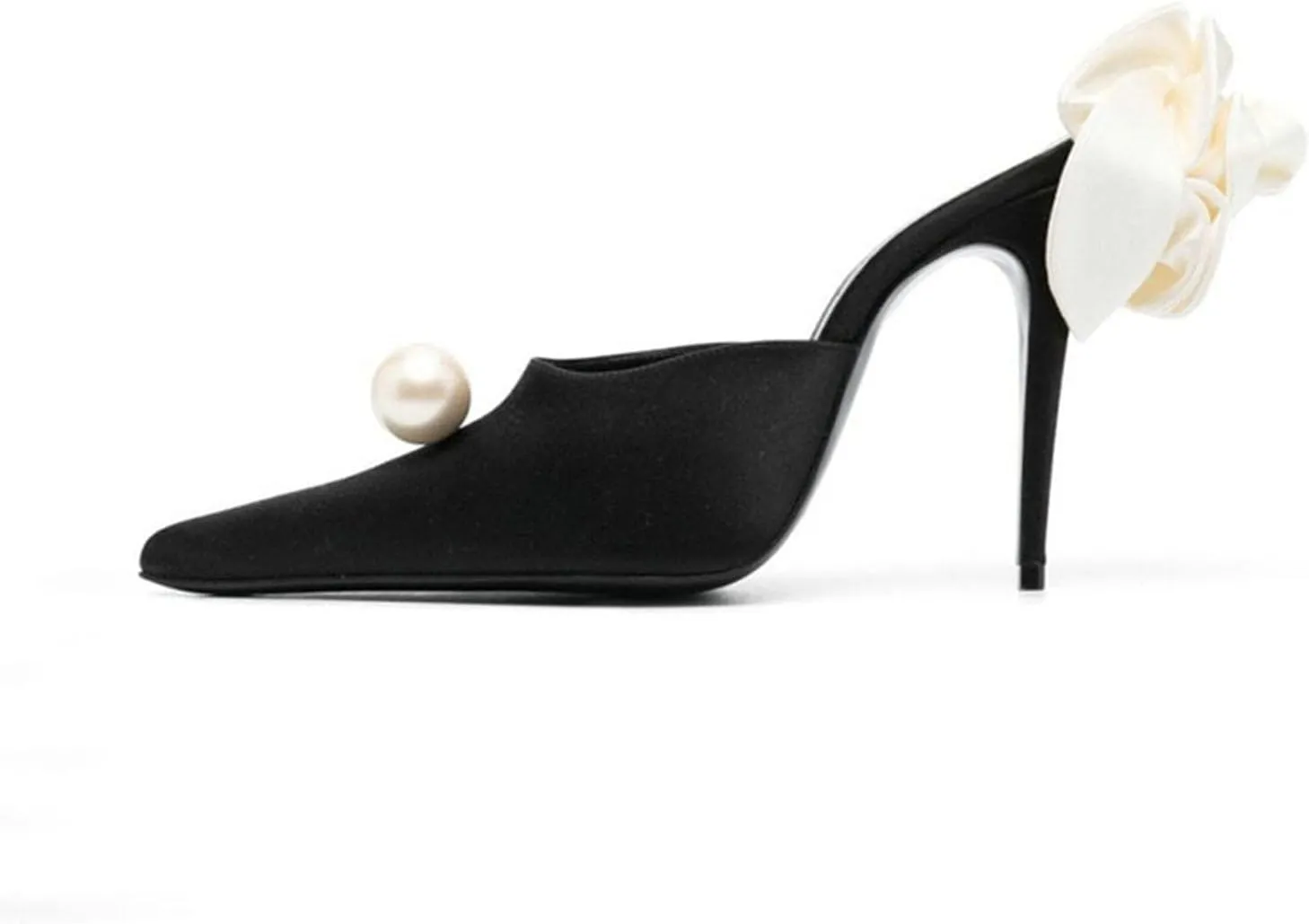 Large Size Pointed Toe Pearl Shallow Stiletto Slippers Floral Summer Silk Women's High Heels