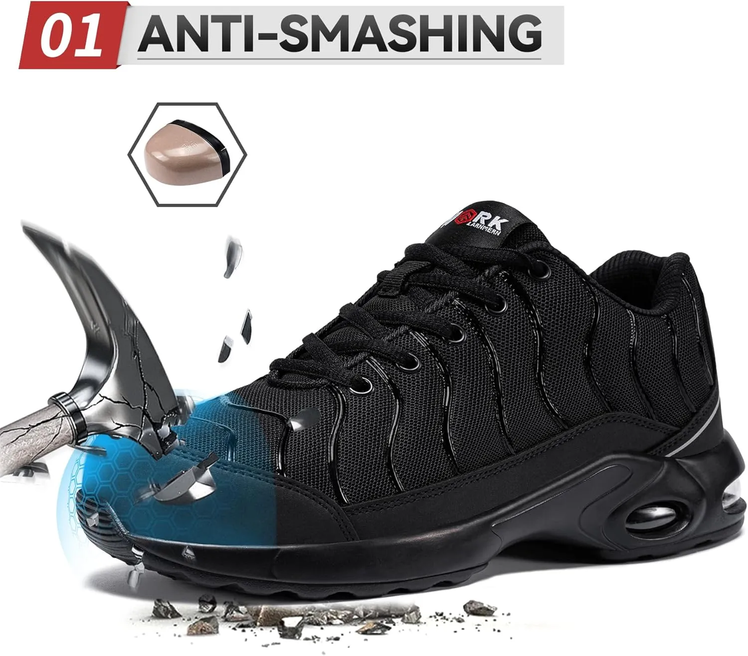 LARNMERN Air Cushion Steel Toe Shoes for Men Wide Women Lightweight Puncture Proof Work Safety Sneakers Breathable Slip Resistant Tennis Shoe
