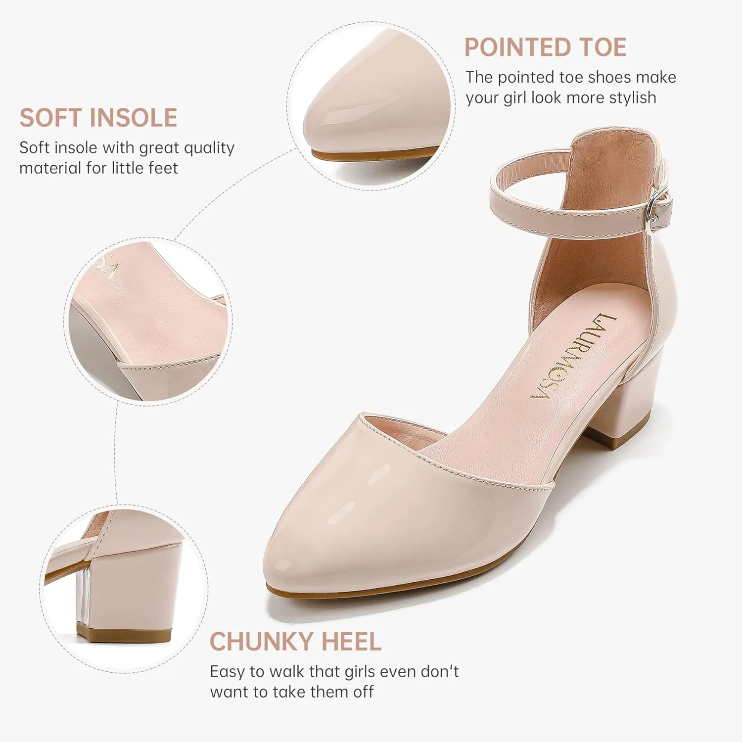 Little Girls Sandals Closed Toe High Heels Formal Dress Shoes Ankle Strap Pointed Toe Heeled for Little Big Kids in Wedding Party Block Chunky Pump Shoes