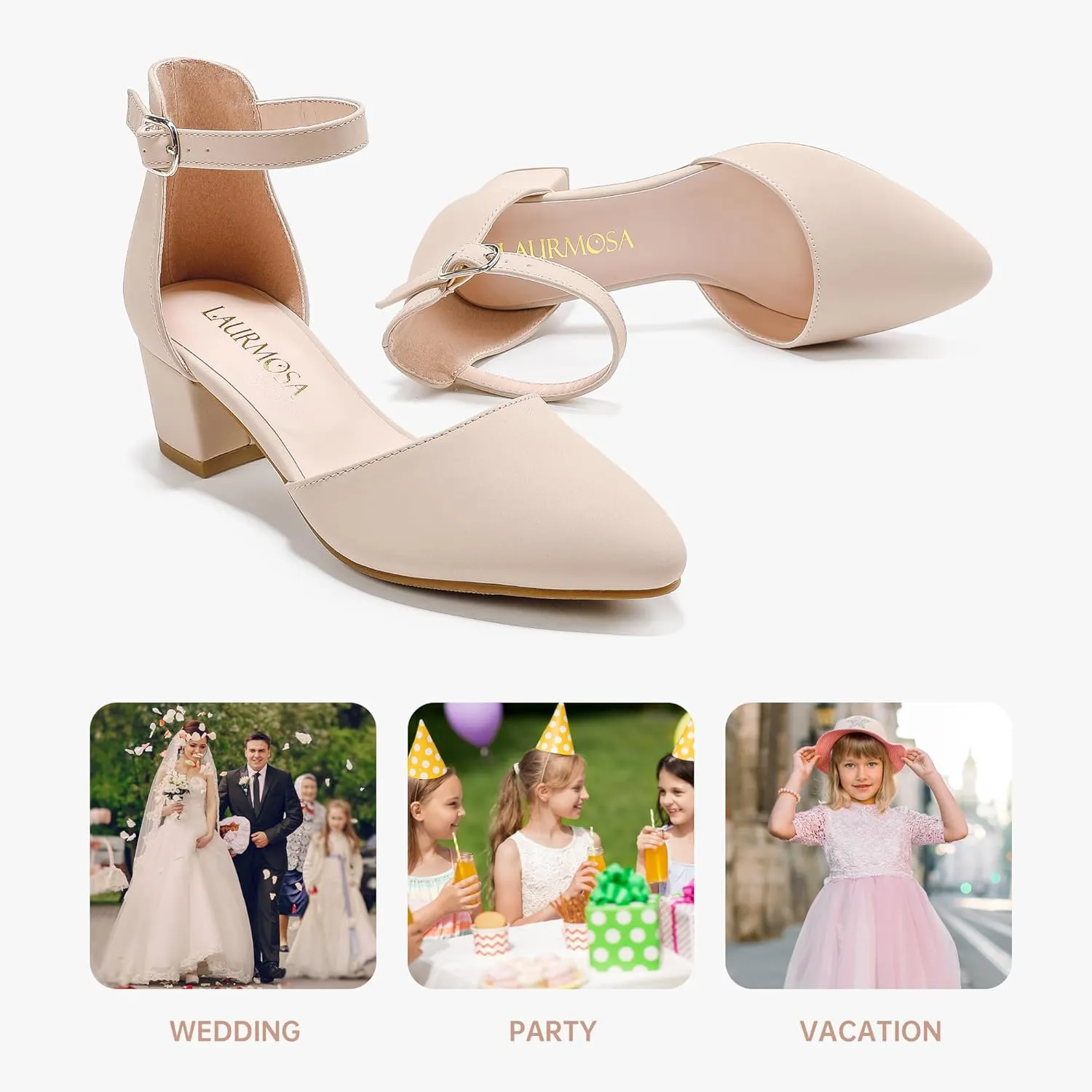 Little Girls Sandals Closed Toe High Heels Formal Dress Shoes Ankle Strap Pointed Toe Heeled for Little Big Kids in Wedding Party Block Chunky Pump Shoes