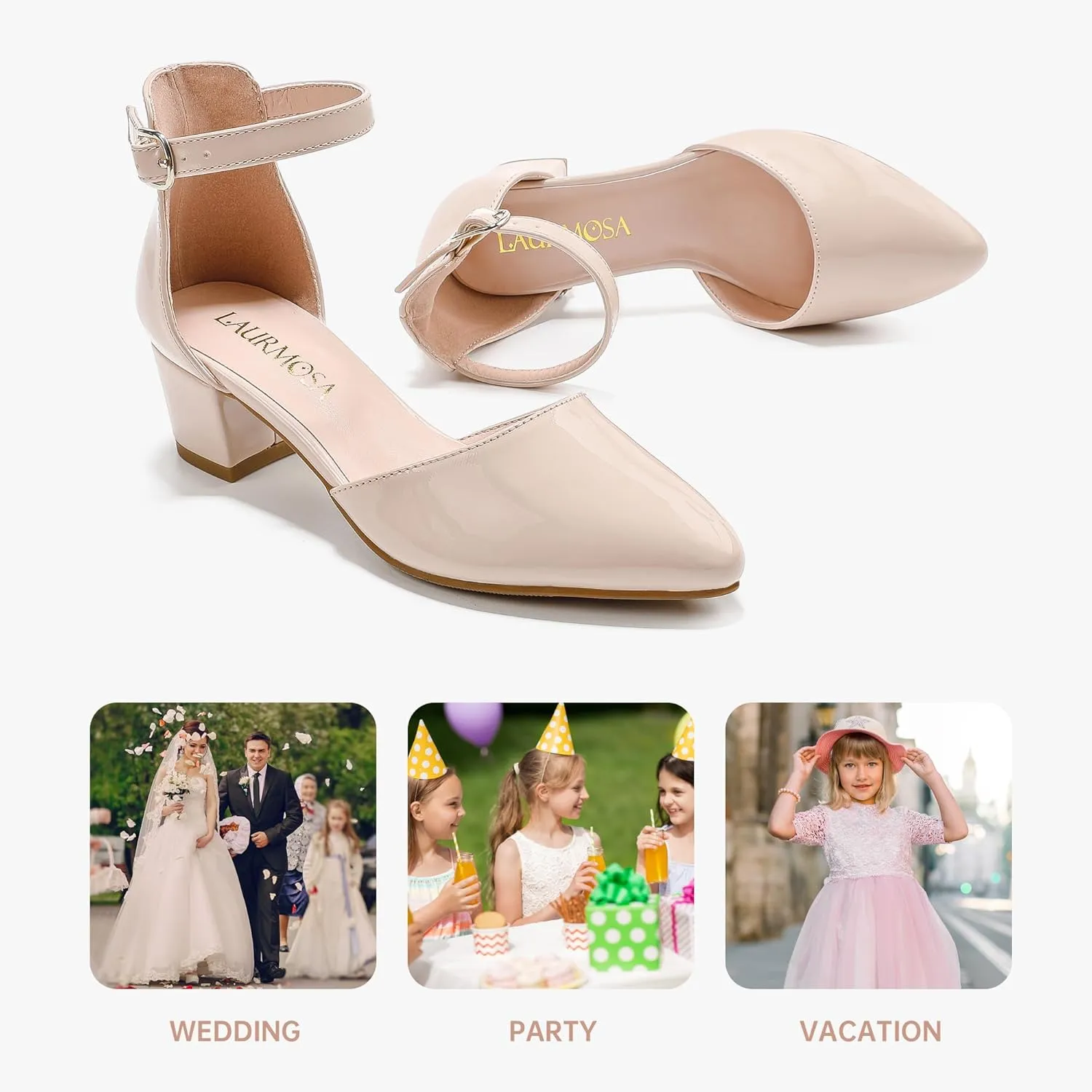 Little Girls Sandals Closed Toe High Heels Formal Dress Shoes Ankle Strap Pointed Toe Heeled for Little Big Kids in Wedding Party Block Chunky Pump Shoes