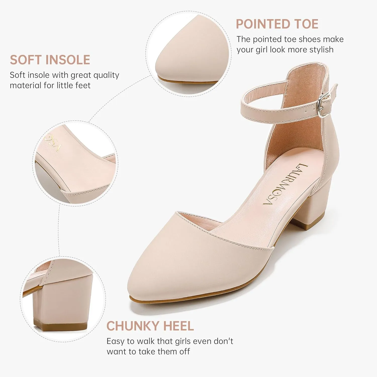 Little Girls Sandals Closed Toe High Heels Formal Dress Shoes Ankle Strap Pointed Toe Heeled for Little Big Kids in Wedding Party Block Chunky Pump Shoes