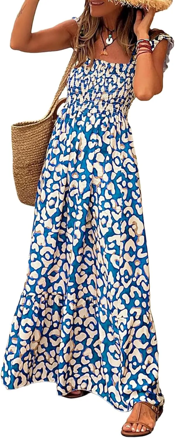 LOLONG Maxi Dress for Women Summer Boho Spaghetti Strap Square Neck Ruffle Beach Sun Dress
