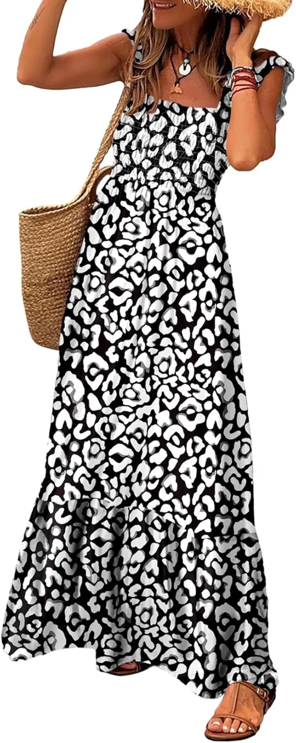 LOLONG Maxi Dress for Women Summer Boho Spaghetti Strap Square Neck Ruffle Beach Sun Dress