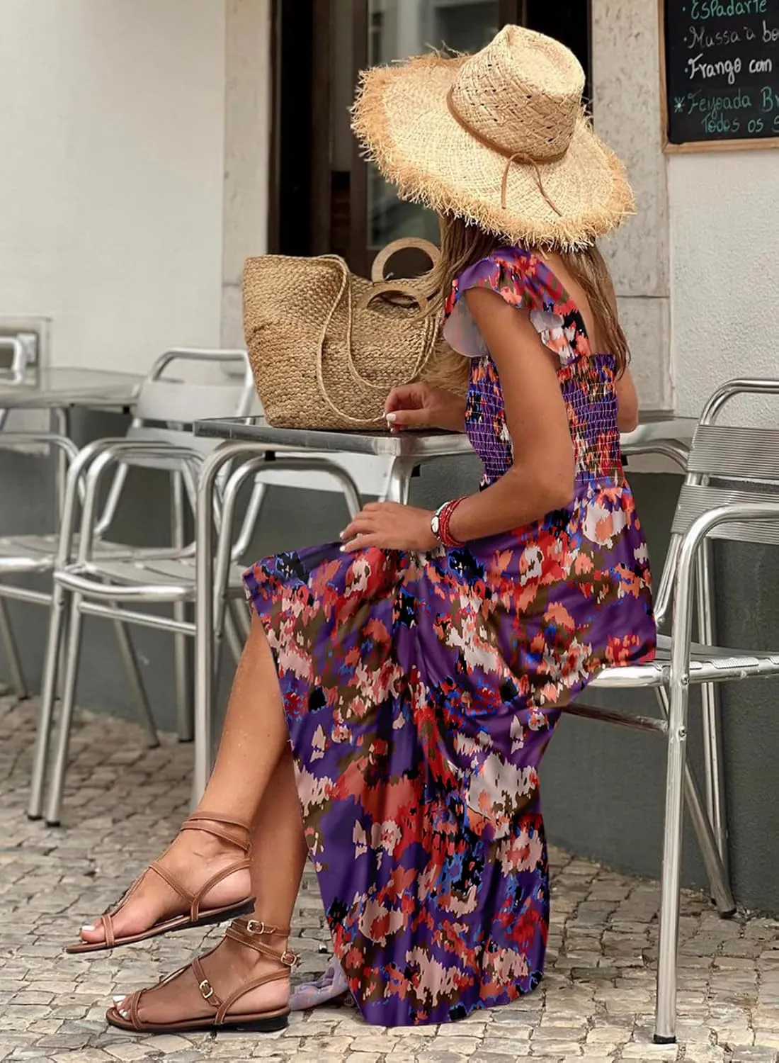 LOLONG Maxi Dress for Women Summer Boho Spaghetti Strap Square Neck Ruffle Beach Sun Dress