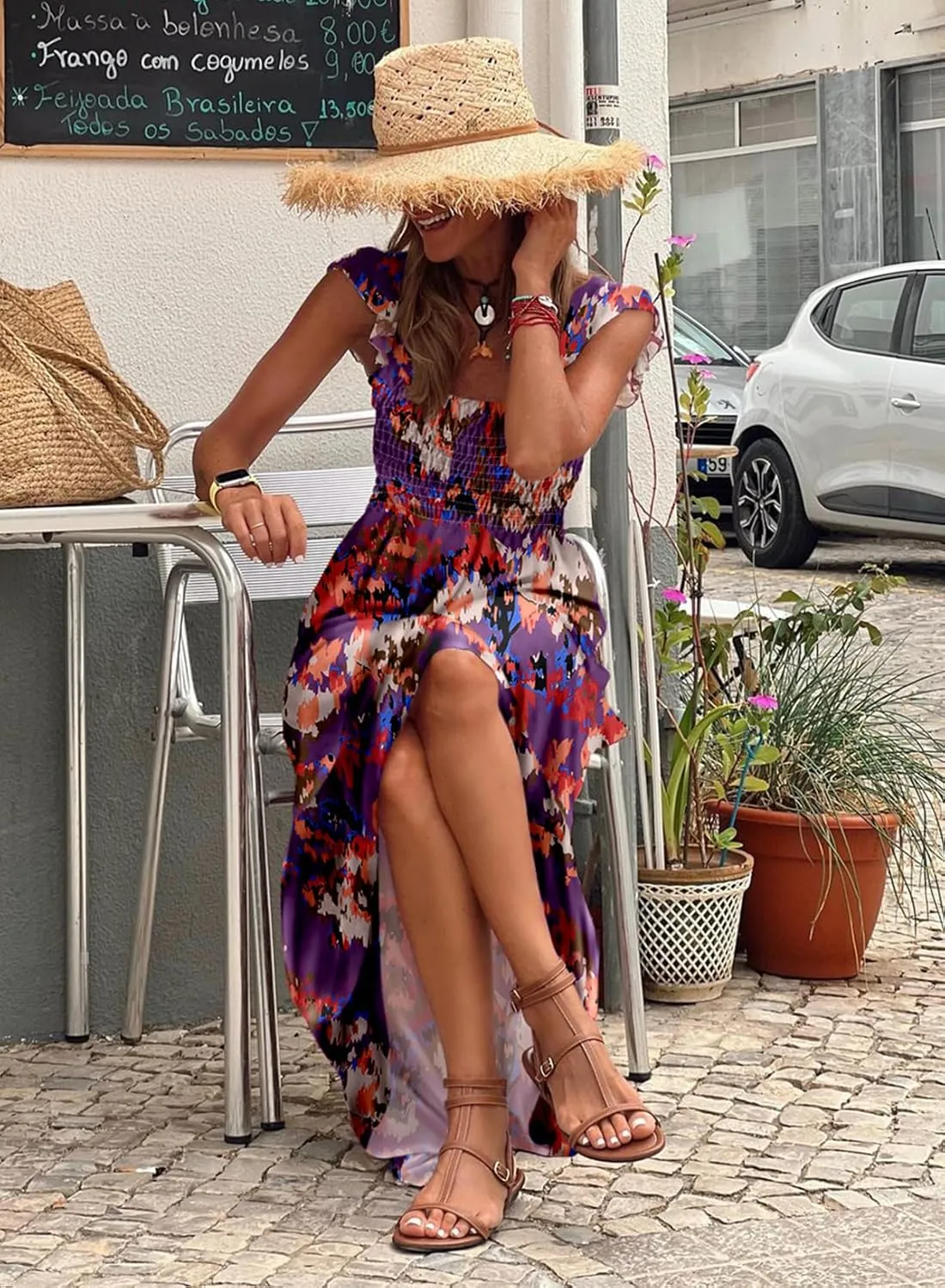 LOLONG Maxi Dress for Women Summer Boho Spaghetti Strap Square Neck Ruffle Beach Sun Dress