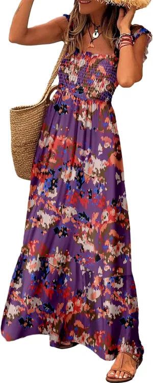 LOLONG Maxi Dress for Women Summer Boho Spaghetti Strap Square Neck Ruffle Beach Sun Dress