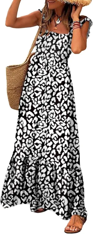 LOLONG Maxi Dress for Women Summer Boho Spaghetti Strap Square Neck Ruffle Beach Sun Dress