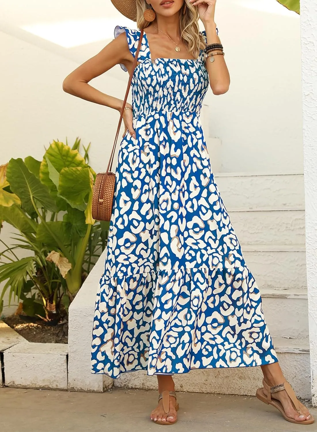 LOLONG Maxi Dress for Women Summer Boho Spaghetti Strap Square Neck Ruffle Beach Sun Dress