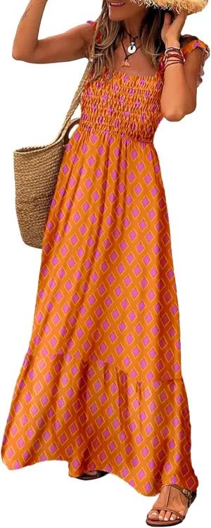 LOLONG Maxi Dress for Women Summer Boho Spaghetti Strap Square Neck Ruffle Beach Sun Dress