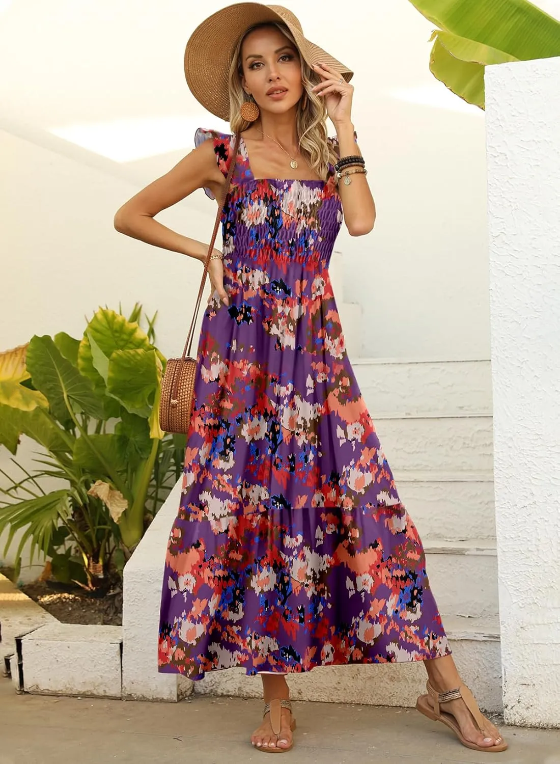 LOLONG Maxi Dress for Women Summer Boho Spaghetti Strap Square Neck Ruffle Beach Sun Dress