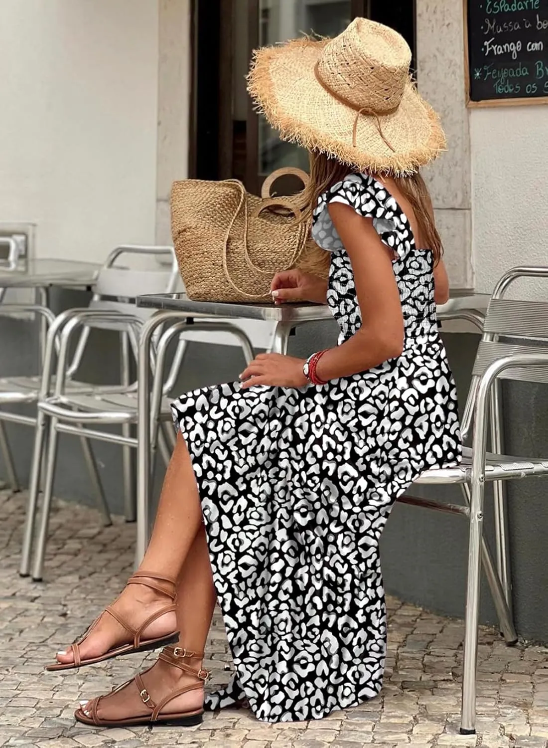 LOLONG Maxi Dress for Women Summer Boho Spaghetti Strap Square Neck Ruffle Beach Sun Dress