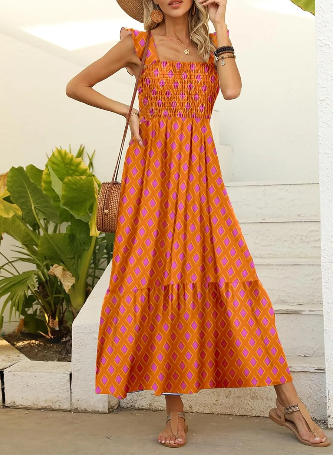 LOLONG Maxi Dress for Women Summer Boho Spaghetti Strap Square Neck Ruffle Beach Sun Dress
