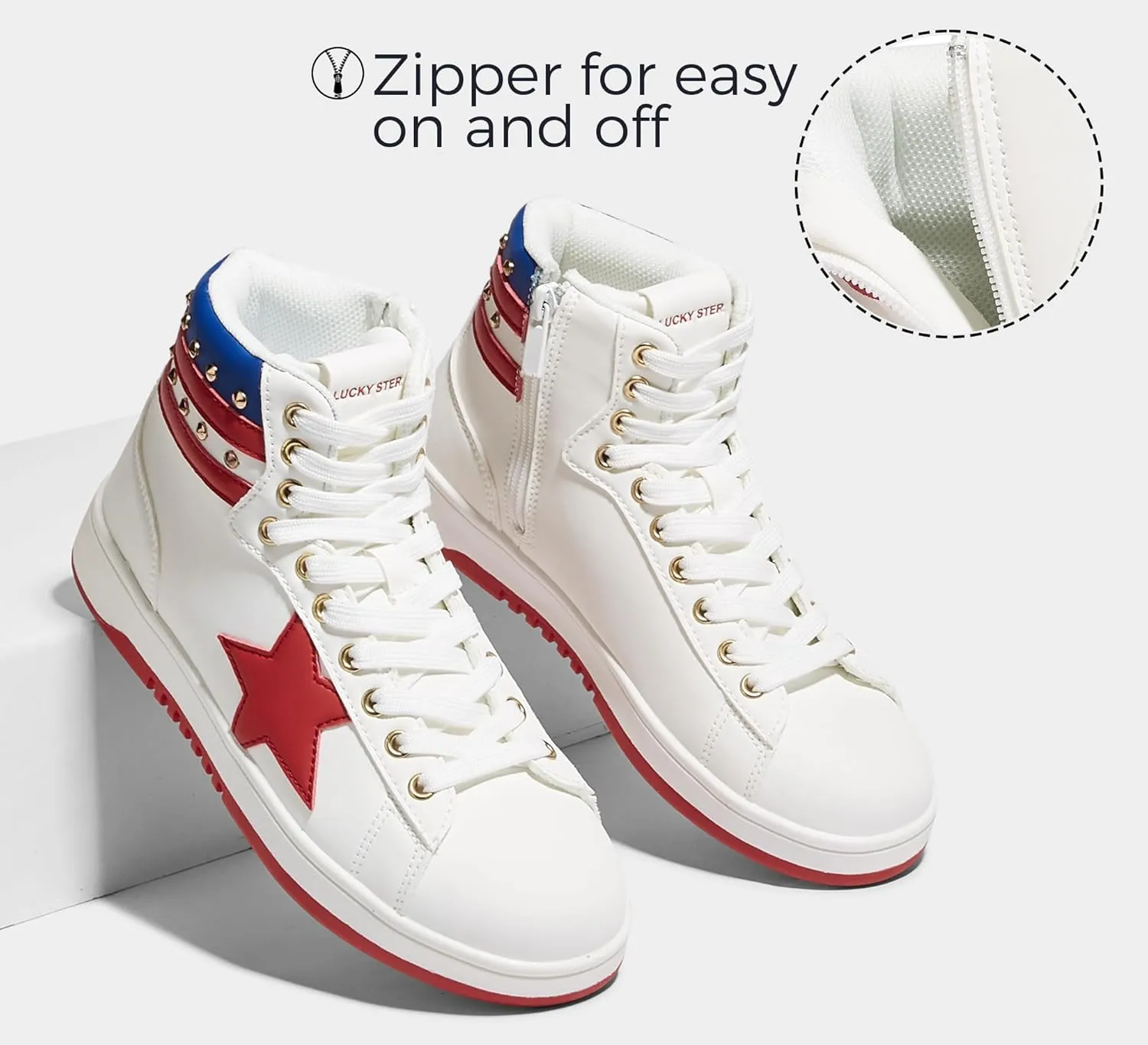 LUCKY STEP Women High Top Fashion Glitter Star Sneakers Retro Zipper Ankle Boots Basketball Tennis Casual Faux Leather Walking Shoes