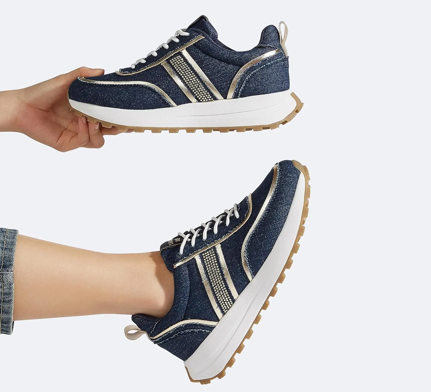 LUCKY STEP Women Platform Walking Shoe Fashion Retro Classic Casual Trainers Braided Rhinestone Sneakers Tennis Running Walking Shoes