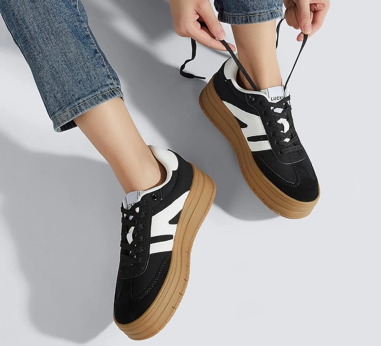 LUCKY STEP Women's Platform Gum Thick Sole Fashion Sneakers Classic Retro Rubber Low Top Casual Tennis Skate Walking Shoes