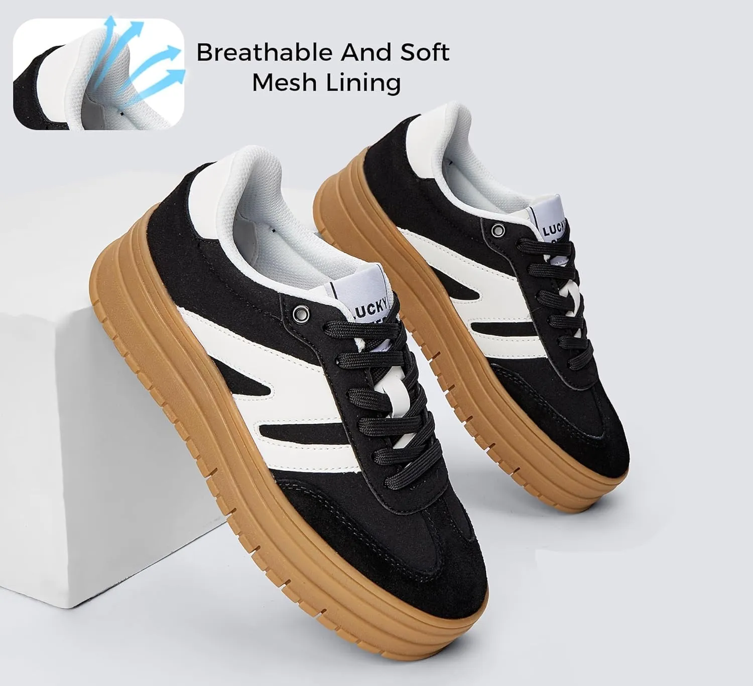 LUCKY STEP Women's Platform Gum Thick Sole Fashion Sneakers Classic Retro Rubber Low Top Casual Tennis Skate Walking Shoes
