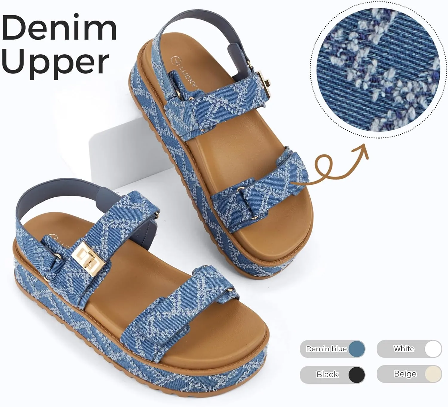 LUCKY STEP Women's Raffia Platform Wedge Sandals Open Toe Slingback Sandals Adjustable Double Strap Beach Sandals