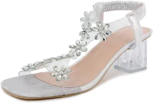 Lymphvity Women Rhinestone Flower Clear Block Heel Sandals,Fashion Elastic Ankle Strap Chunky High Heel Open Toe Sexy Elegant Dress Shoes Square Toe Heels Party Wedding Sandals