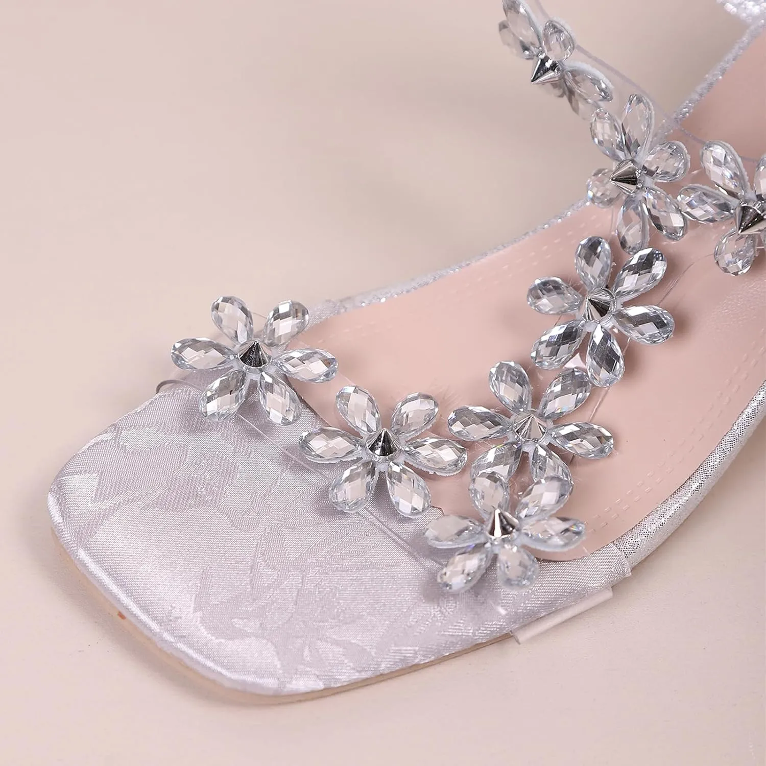 Lymphvity Women Rhinestone Flower Clear Block Heel Sandals,Fashion Elastic Ankle Strap Chunky High Heel Open Toe Sexy Elegant Dress Shoes Square Toe Heels Party Wedding Sandals