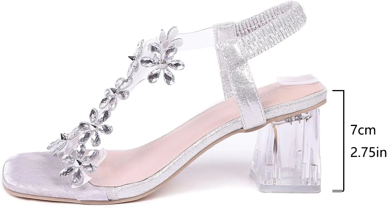 Lymphvity Women Rhinestone Flower Clear Block Heel Sandals,Fashion Elastic Ankle Strap Chunky High Heel Open Toe Sexy Elegant Dress Shoes Square Toe Heels Party Wedding Sandals