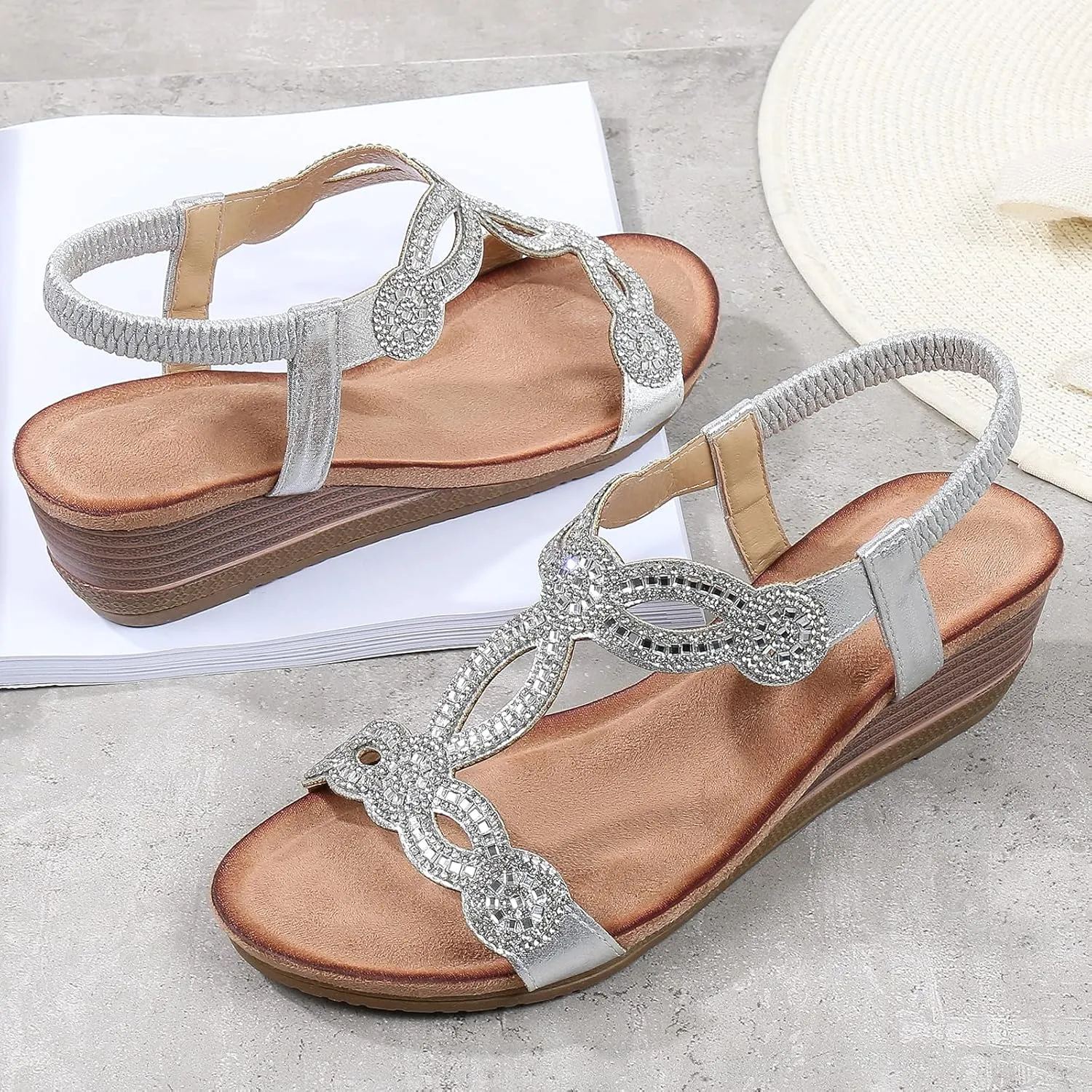 Meeshine Women's Wedge Sandals Summer Comfortable Casual Bohemian Beach Rhinestone Platform Shoes
