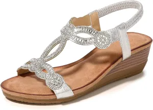 Meeshine Women's Wedge Sandals Summer Comfortable Casual Bohemian Beach Rhinestone Platform Shoes