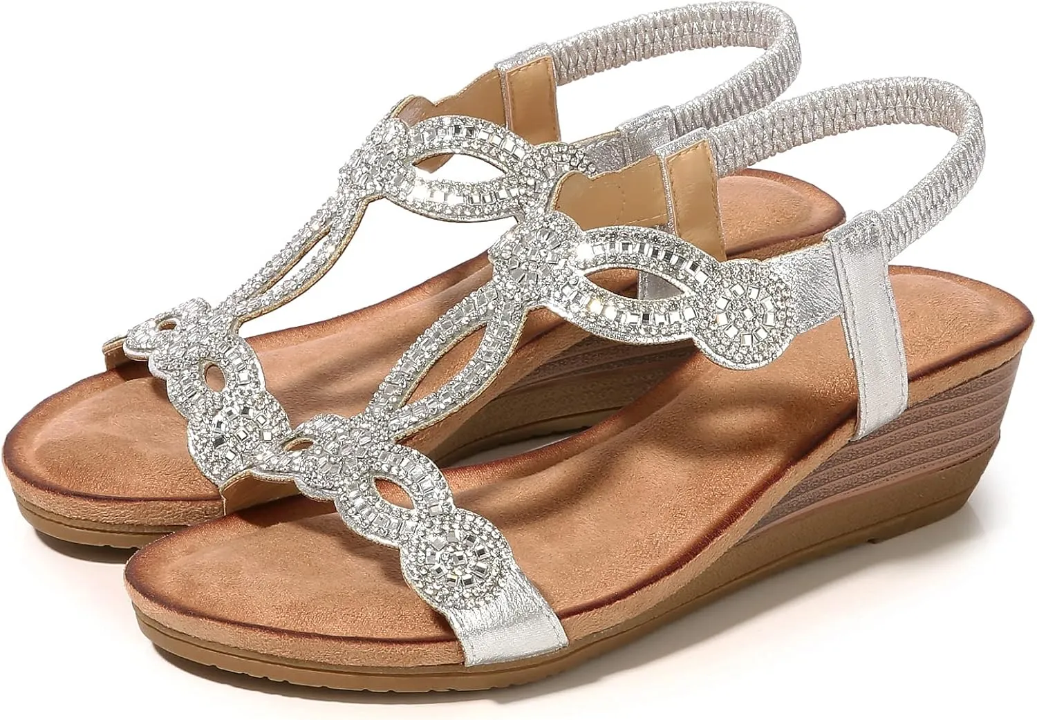 Meeshine Women's Wedge Sandals Summer Comfortable Casual Bohemian Beach Rhinestone Platform Shoes