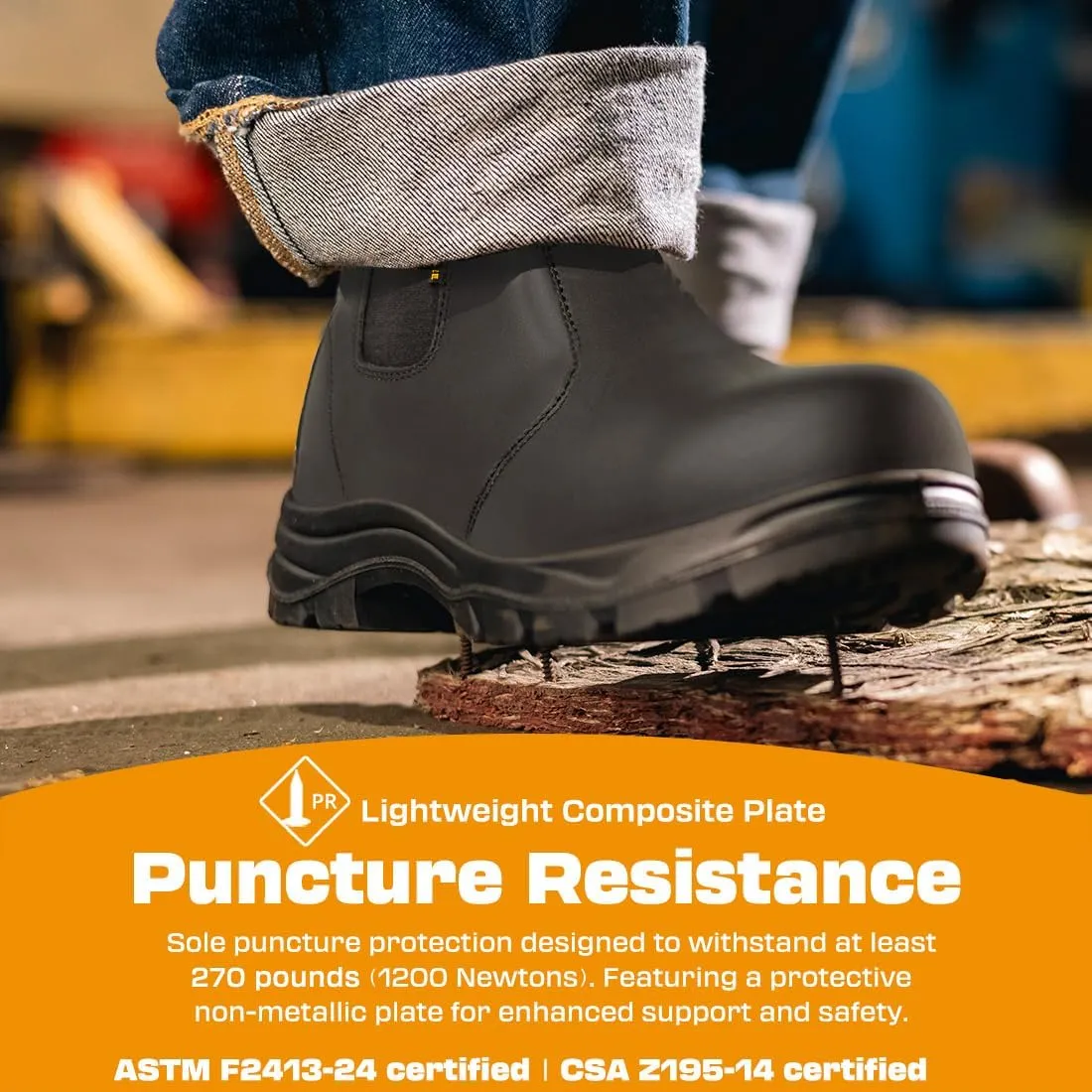 Men's ASTM & CSA Certified Composite Toe Chelsea Work Boots – 100% Leather, Lightweight, I/C/EH/PR/ESR, Oil/Slip/Heat Resistant, Rubber Outsole, Safety Boots 5666