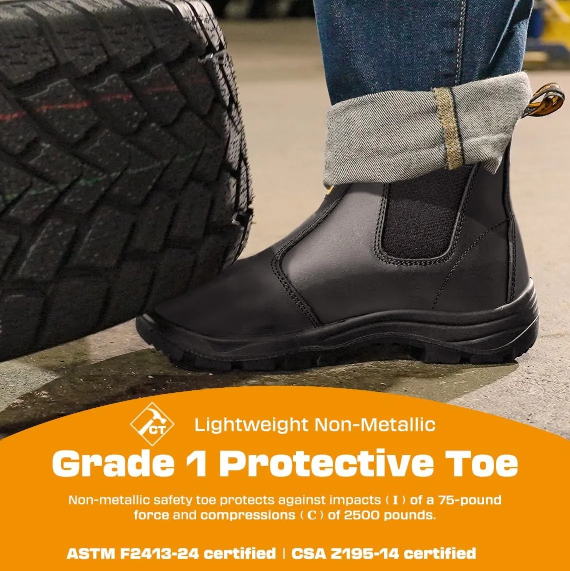 Men's ASTM & CSA Certified Composite Toe Chelsea Work Boots – 100% Leather, Lightweight, I/C/EH/PR/ESR, Oil/Slip/Heat Resistant, Rubber Outsole, Safety Boots 5666