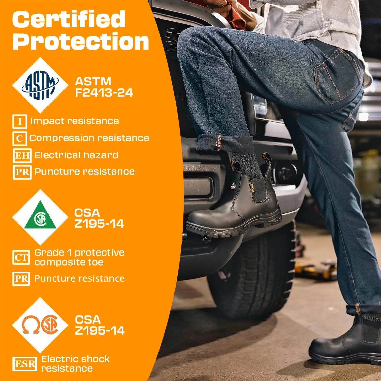 Men's ASTM & CSA Certified Composite Toe Chelsea Work Boots – 100% Leather, Lightweight, I/C/EH/PR/ESR, Oil/Slip/Heat Resistant, Rubber Outsole, Safety Boots 5666
