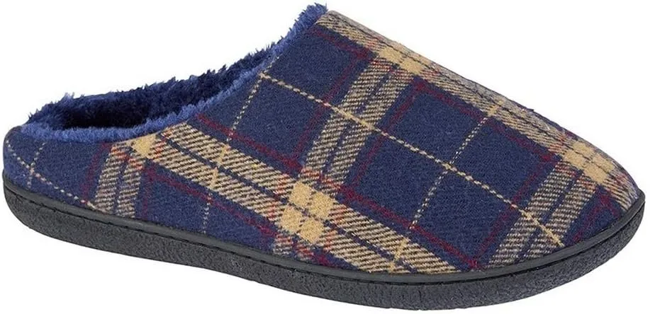 Mens Fabian Checked Textile Slippers (12) (Navy)