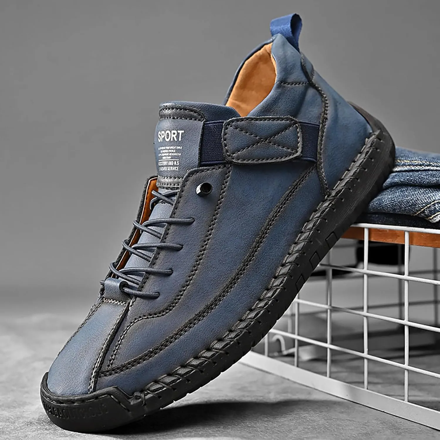 Men's Hook & Loop Hand Stitching Chukka Boots,Lightweight Leather Slip On Loafers Low Hiking Ankle Boots Lace-Up Comfort Non-Slip Boots For Outdoor Camping & Driving Booties