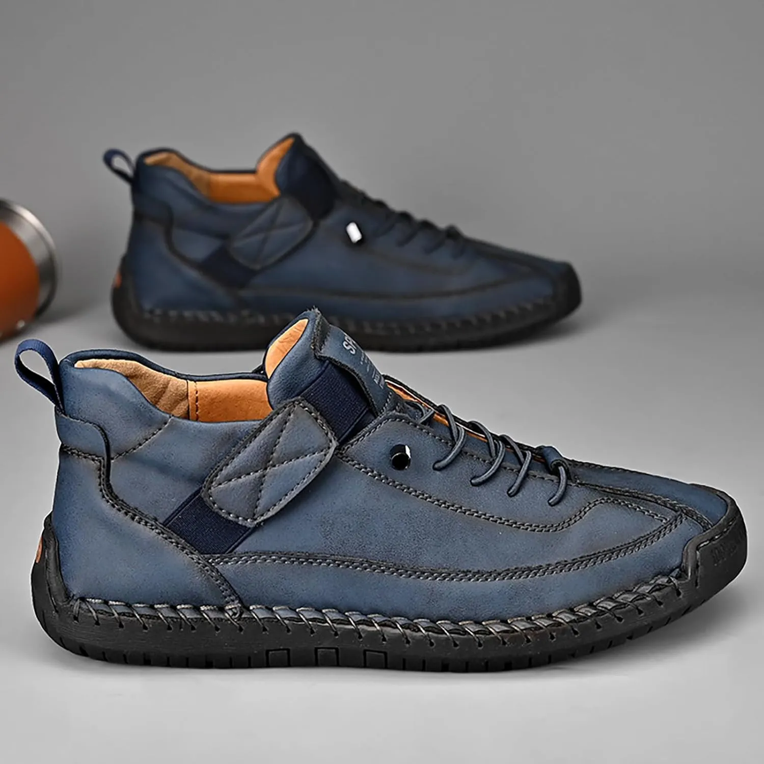 Men's Hook & Loop Hand Stitching Chukka Boots,Lightweight Leather Slip On Loafers Low Hiking Ankle Boots Lace-Up Comfort Non-Slip Boots For Outdoor Camping & Driving Booties