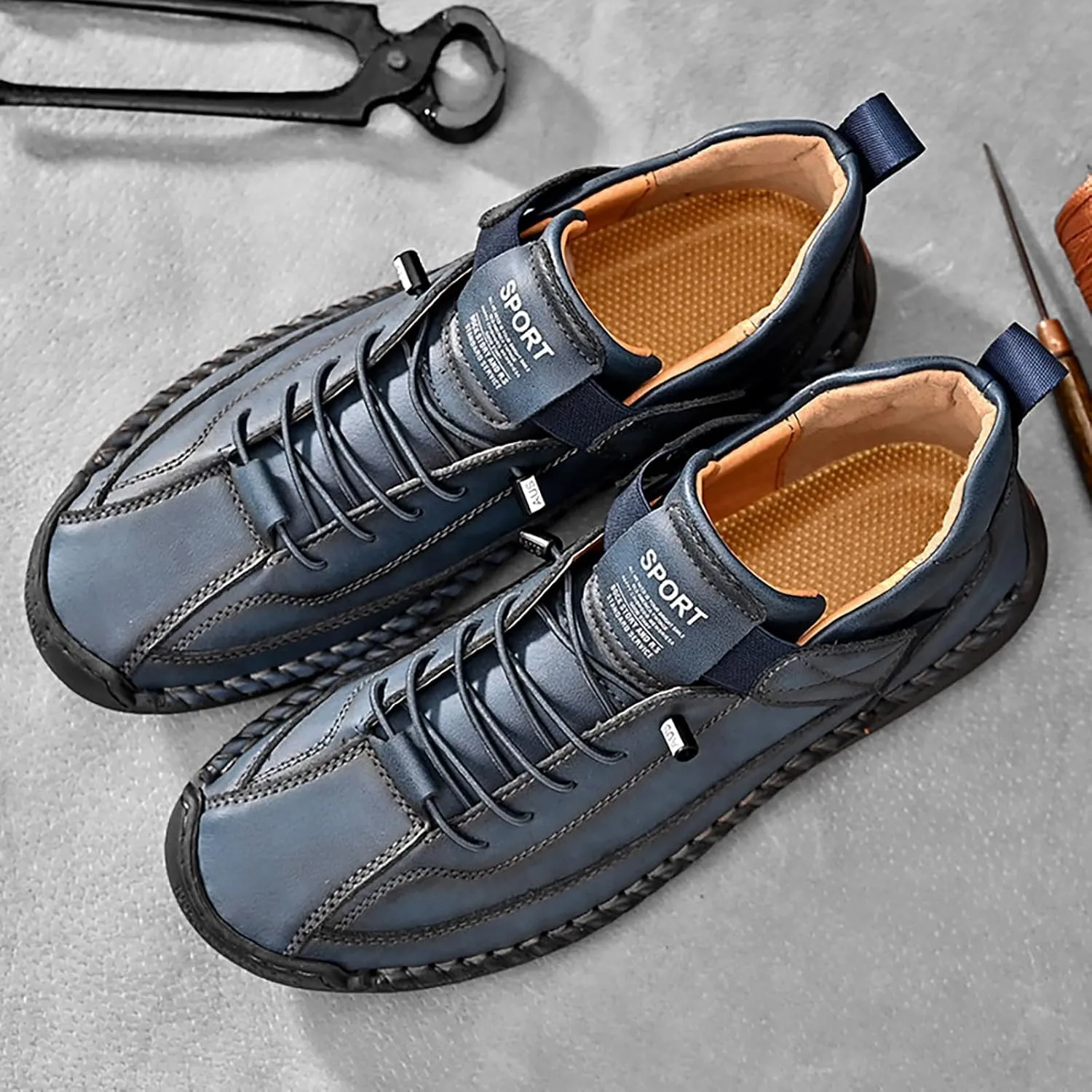 Men's Hook & Loop Hand Stitching Chukka Boots,Lightweight Leather Slip On Loafers Low Hiking Ankle Boots Lace-Up Comfort Non-Slip Boots For Outdoor Camping & Driving Booties