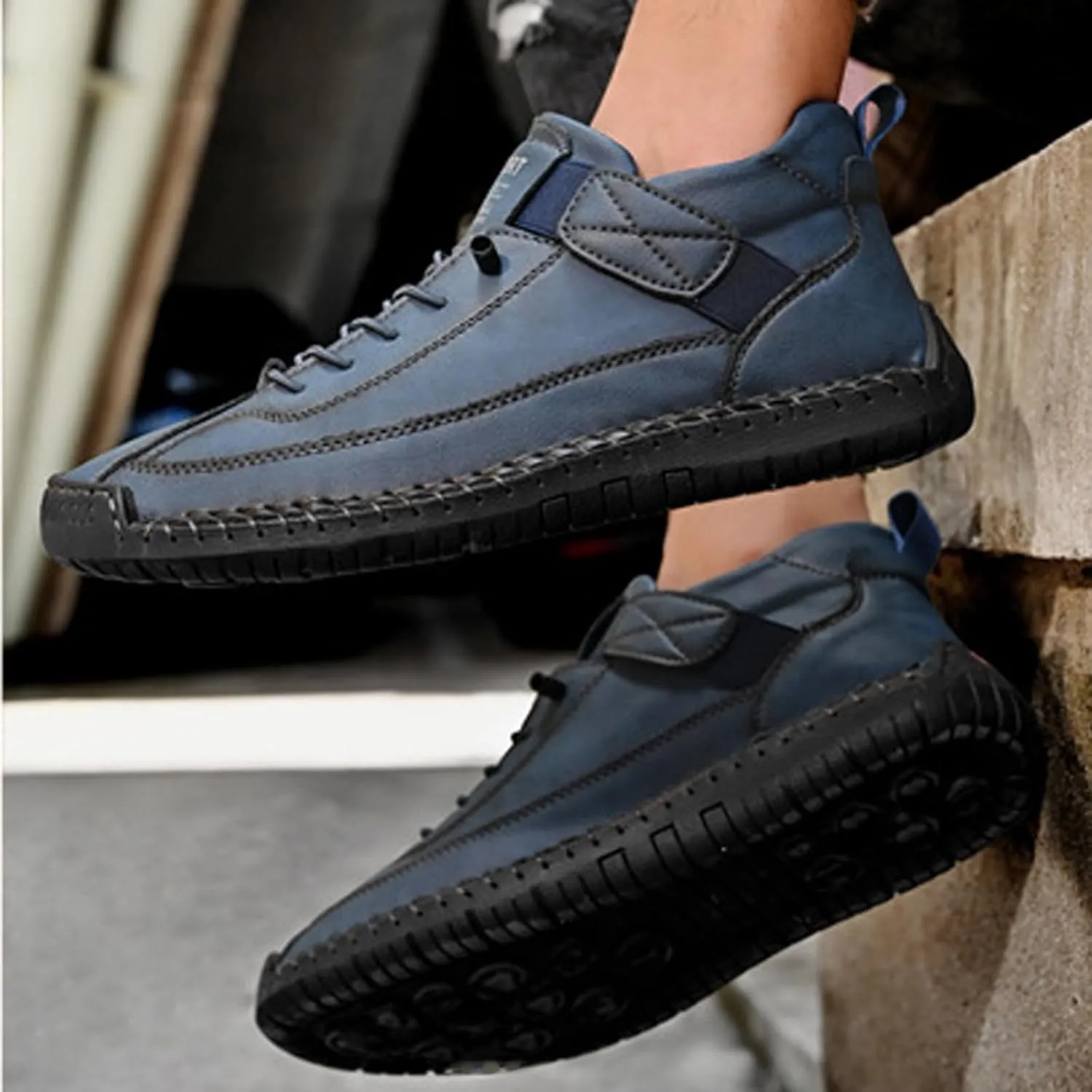 Men's Hook & Loop Hand Stitching Chukka Boots,Lightweight Leather Slip On Loafers Low Hiking Ankle Boots Lace-Up Comfort Non-Slip Boots For Outdoor Camping & Driving Booties