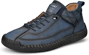 Men's Hook & Loop Hand Stitching Chukka Boots,Lightweight Leather Slip On Loafers Low Hiking Ankle Boots Lace-Up Comfort Non-Slip Boots For Outdoor Camping & Driving Booties