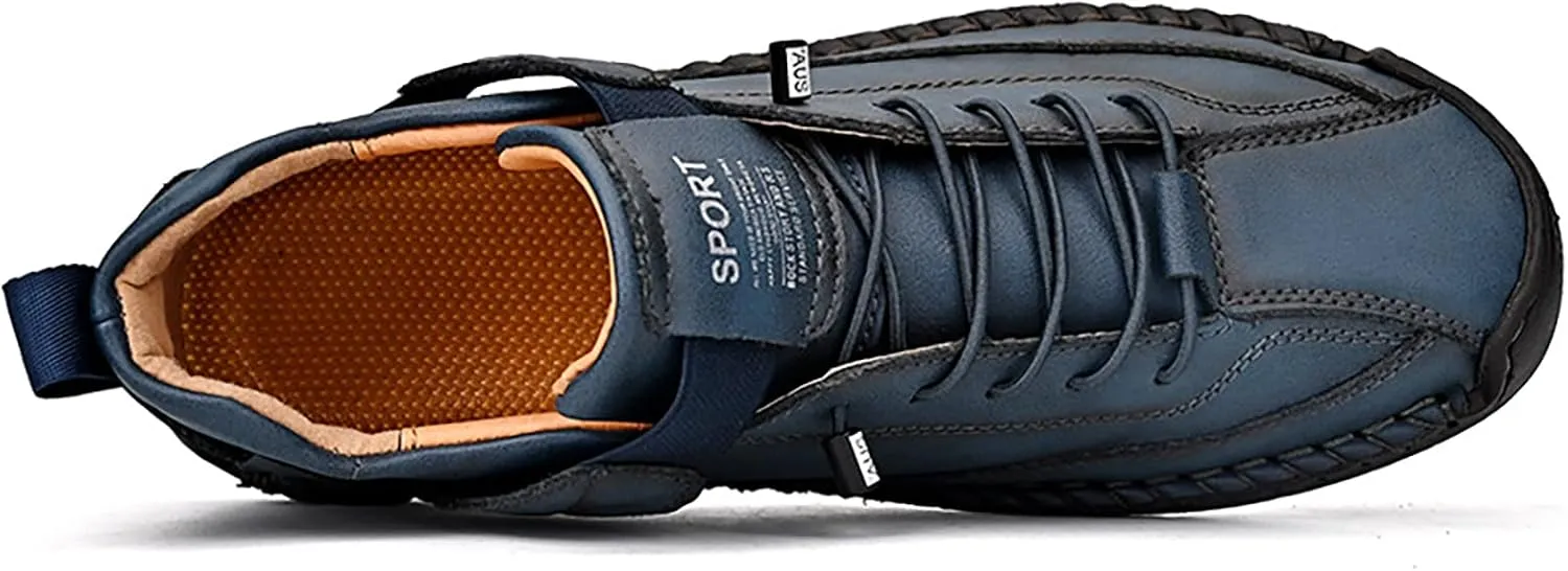 Men's Hook & Loop Hand Stitching Chukka Boots,Lightweight Leather Slip On Loafers Low Hiking Ankle Boots Lace-Up Comfort Non-Slip Boots For Outdoor Camping & Driving Booties