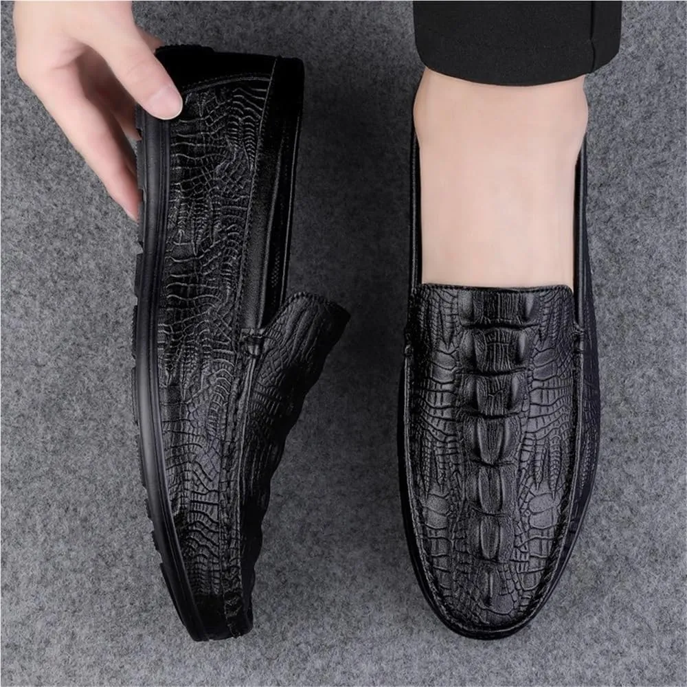 Men's Loafers Shoes Round Toe Leather Crocodile Embossed Loafer Slip Resistant Comfortable Party Casual